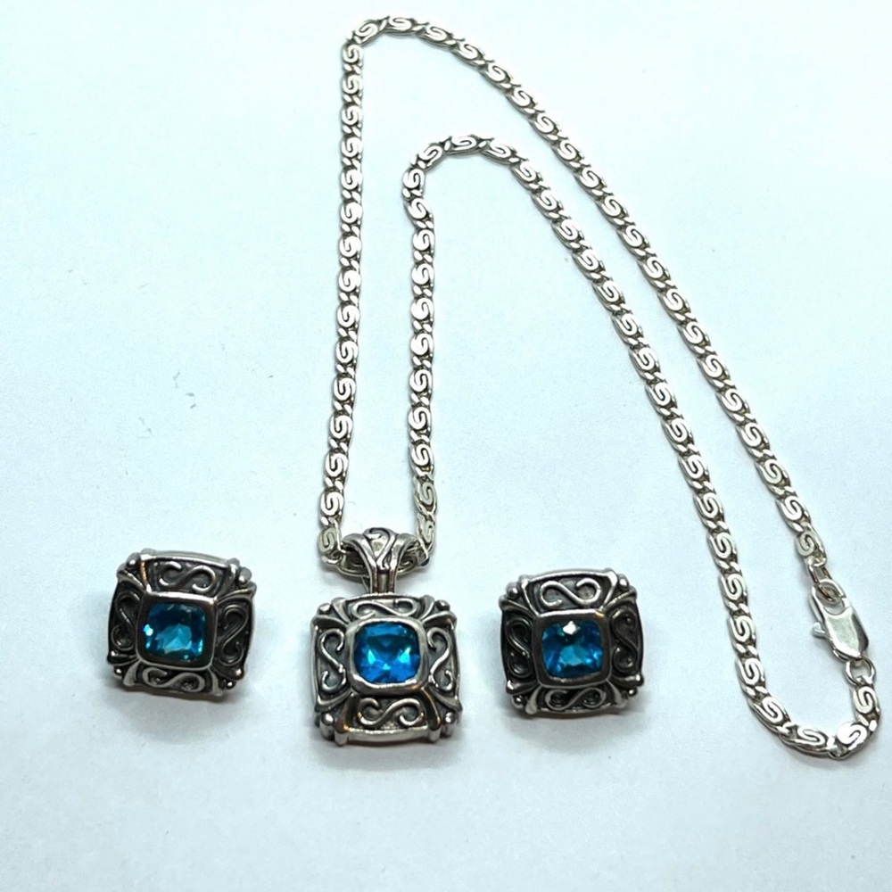 925 sterling silver set of earrings and necklace blue topaz stones - Picture 7 of 12